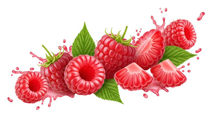 Fresh raspberries and strawberries with leaves isolated on transparent background