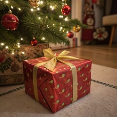 
Title: “Festive Red and Gold Christmas Gift Under the Tree” 🎁✨