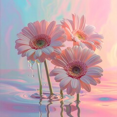 Pink gerberas in water with pastel, iridescent backdrop