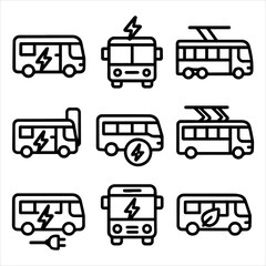 Collection of modern electric and eco-friendly public transport bus line icons, perfect for illustrating sustainable urban mobility solutions and green city concepts