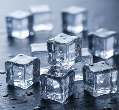 Heap of Melting Ice Cubes on Dark Slate Background / Freshness and Coolness Concept with Stacked Ice Blocks / Close-up of Frozen Water Cubes for Beverages