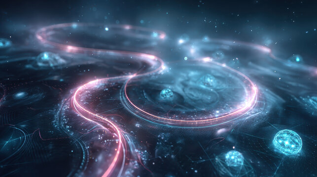 Neon holographic data path winding across dark futuristic interface with glowing nodes and particles, evoking motion and digital connectivity in cool blue and pink tones