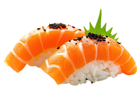 Two nigiri sushi pieces with orange salmon topping and white rice, on black