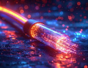 Glowing fiber optic cable on dark, textured surface
