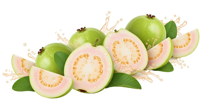 Fresh guava fruits with leaves and water splash isolated on transparent background