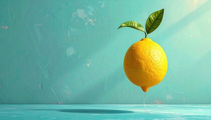 Bright lemon with leaves floating against textured wall