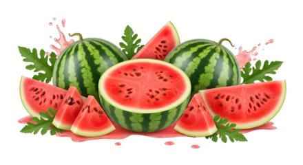 Fresh and juicy watermelon pieces isolated on transparent background for summer time