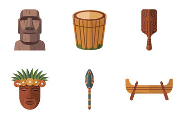 Stylized flat illustration set for Polynesian culture, showing stone head, drum, chief, paddle, and canoe symbols.