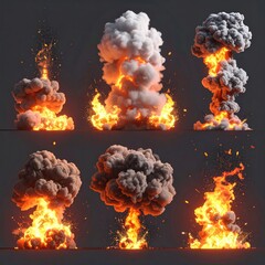 Six fiery explosion cloud formations, smoke, and embers