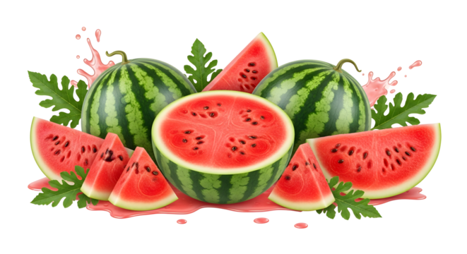 Fresh and juicy watermelon pieces isolated on transparent background for summer time