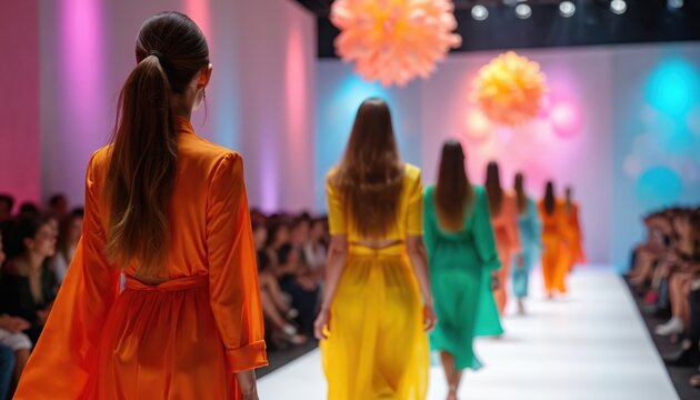 Women model brightly colored attire on fashion runway. Audience watches haute couture show indoors. Designers present eco friendly collection of garments.