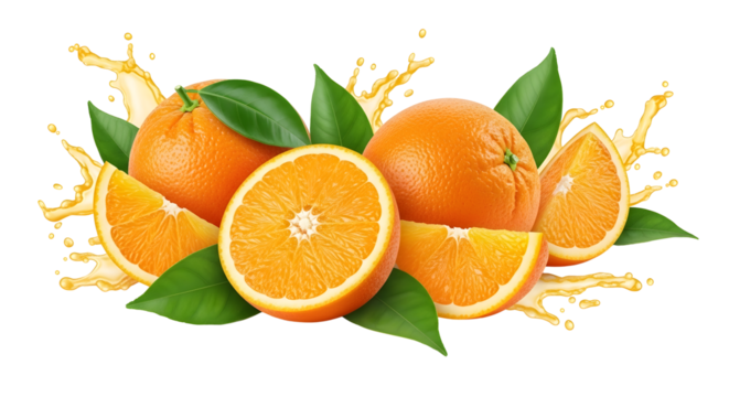 Fresh orange pieces isolated on transparent background for healthy summer time