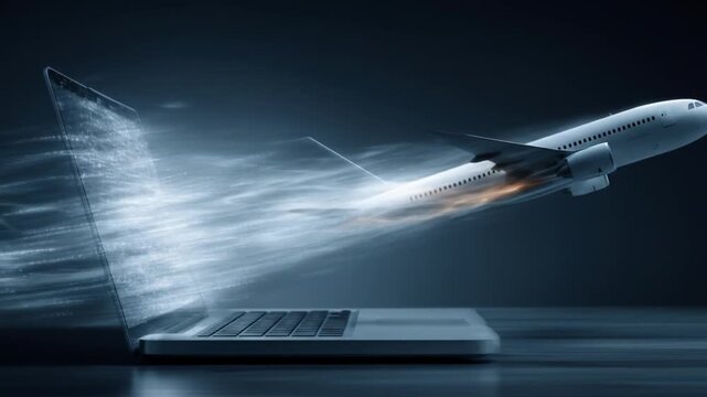 A conceptual laptop ejects a speeding airplane into a dark, streaky expanse