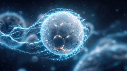 Glowing futuristic soccer ball with hexagonal panels surrounded by electric blue energy trails conveying speed and power in sci‑fi sports concept with dramatic lighting