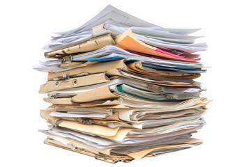 Towering stack of assorted papers files and folders on black background document