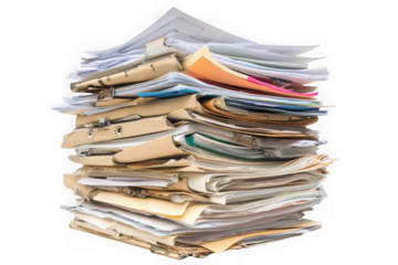 Towering stack of assorted papers files and folders on black background document