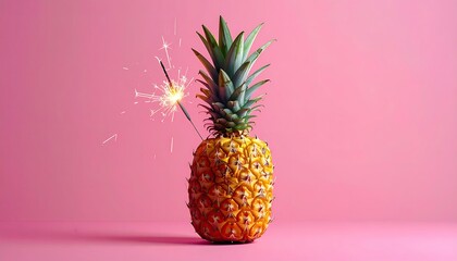 Pineapple with sparkler on pink background, festive