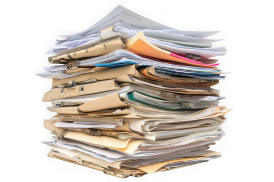 Towering stack of assorted papers files and folders on black background document
