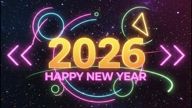 Futuristic 2026 Happy New Year with Vibrant Neon Geometric Shapes and Light Effects Celebration