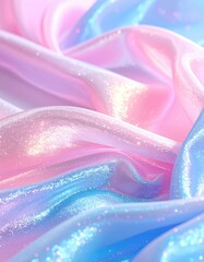 Iridescent fabric drapes in pink, blue hues, shimmering light