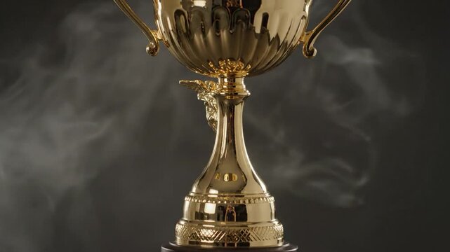 Gleaming gold trophy stands against smoky grey backdrop, ornate details