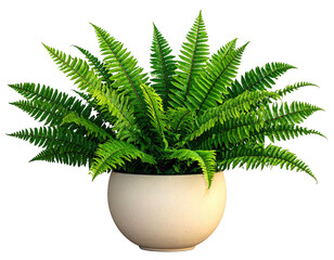 Lush green fern plant in a white spherical pot against a black background