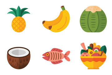 Flat illustration set for Hawaiian tropical food, featuring pineapple, banana, coconut, fish, and fruit bowl.