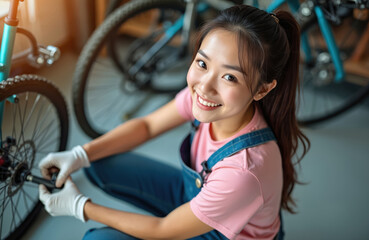 Young Asian woman smiles while fixing bicycle wheel in home workshop. She wears gloves and overalls working on bike chain, preparing for cycling trip. Girl enjoys hobby.