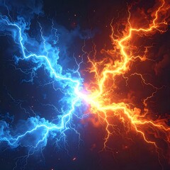 Dramatic collision of blue and orange lightning bolts in a dark sky