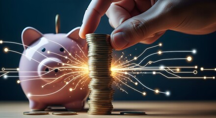 Digital savings growth a piggy bank and a stack of coins illuminated by futuristic digital connections, symbolizing financial technology and wealth accumulation