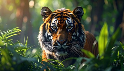 A majestic tiger peers forward from lush green foliage, sunlight glinting