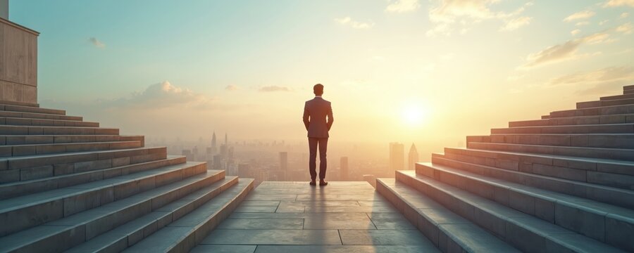 Young businessman stands on rooftop, gazes at big city skyline during golden sunrise. Two upward stairs flank, career path, growth, ambition. Ponders future, makes important choice, pursues goal, - Powered by Adobe