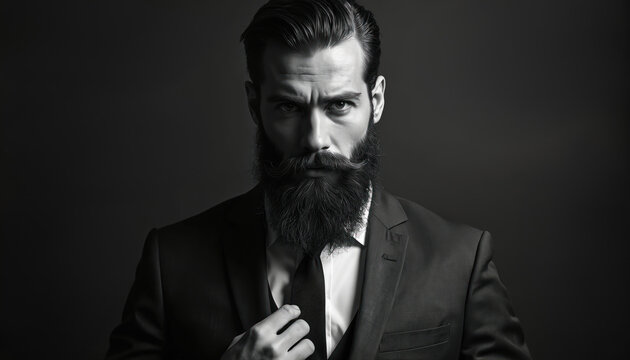 Portrait of bearded man looks with serious sight. Model poses in business suit with tie. Stylish handsome male with beard dressed for leadership concept. Fashionable man with cool hairstyle.