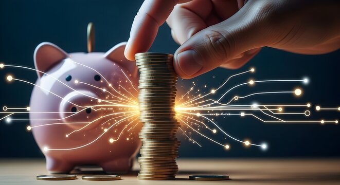Digital savings growth a piggy bank and a stack of coins illuminated by futuristic digital connections, symbolizing financial technology and wealth accumulation