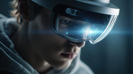 Young person wearing virtual reality headset with glowing augmented reality display, focused expression and soft cinematic lighting