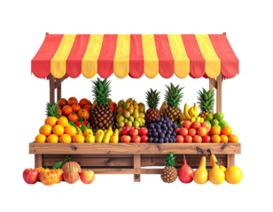 A colorful fruit stand under a striped awning displaying assorted fresh produce