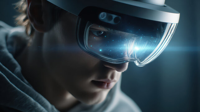 Young person wearing virtual reality headset with glowing augmented reality display, focused expression and soft cinematic lighting