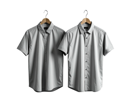 Two identical short-sleeved button-down shirts hanging on wooden hangers, isolated
