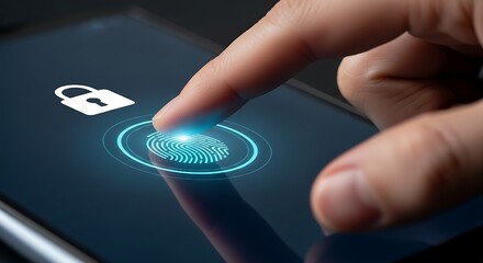 close-up of a finger activating a glowing fingerprint sensor on a sleek, dark device screen, with a padlock icon visible, representing biometric authentication and access.