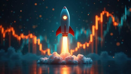 Rocket takes off over stock market chart. Concept of project launch for boosting profit. New business breakthrough. Startup rocket flies among clouds over financial diagrams. Company growth, success.