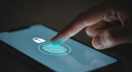 close-up of a finger activating a glowing fingerprint sensor on a sleek, dark device screen, with a padlock icon visible, representing biometric authentication and access.