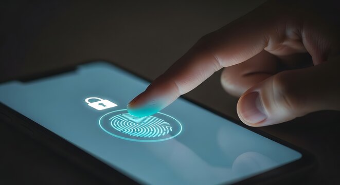 close-up of a finger activating a glowing fingerprint sensor on a sleek, dark device screen, with a padlock icon visible, representing biometric authentication and access.