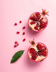 Two halved pomegranates with seeds, and a leaf on pink