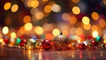 Christmas balls sit under blurred festive light bokeh