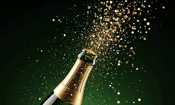 A champagne bottle releasing a burst of golden sparkles against a dark background, symbolizing celebration.