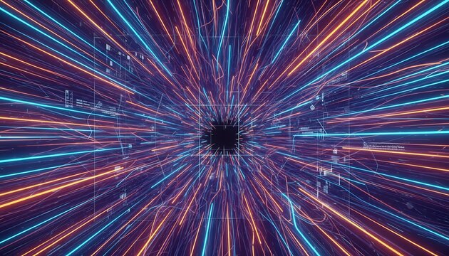 A vibrant, tunnel-like visualization of data pathways. Blue and orange glowing lines converge at a dark center, conveying speed. 3D rendered