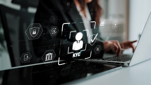 Digital KYC verification with biometric scan, ID authentication, and financial security icons representing identity verification, secure onboarding, fraud prevention, and compliance Marrow