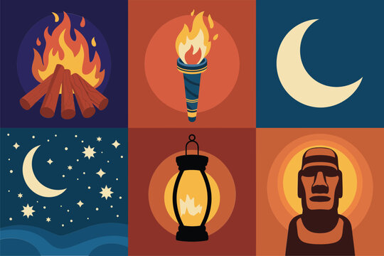 Stylized flat illustration set for Polynesian night, showing fire, torch, moon, and Moai statue symbols.