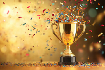 Golden trophy cup with colorful confetti exploding upwards on a blurred golden background award