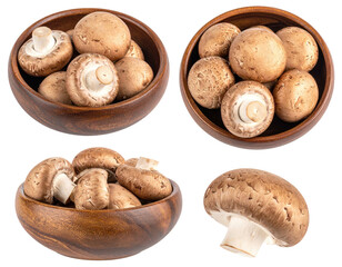 Four views of brown cremini mushrooms in rustic wooden bowls on a black backdrop